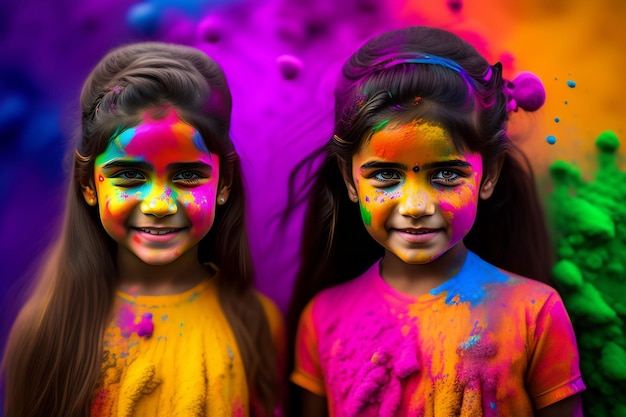 Retrato de una linda chica pintada con los colores del festival Holi