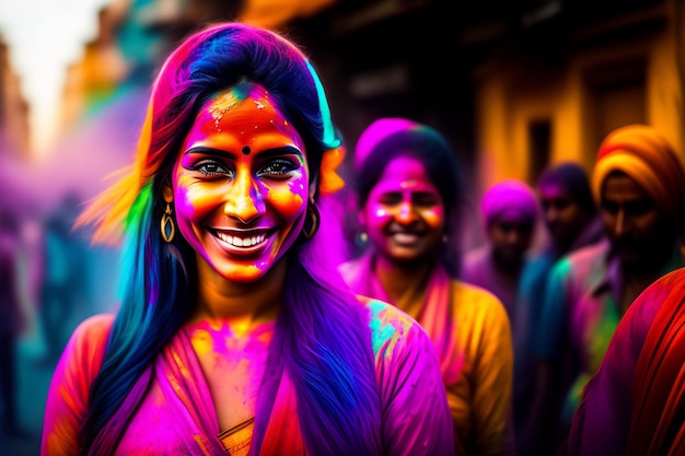 Retrato de una linda chica pintada con los colores del festival Holi