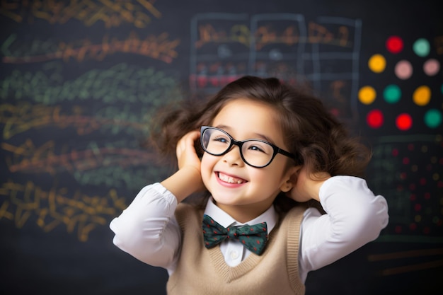 Retrato de una linda colegiala asiática sonriente con gafas y cola de caballo en un salón de clases