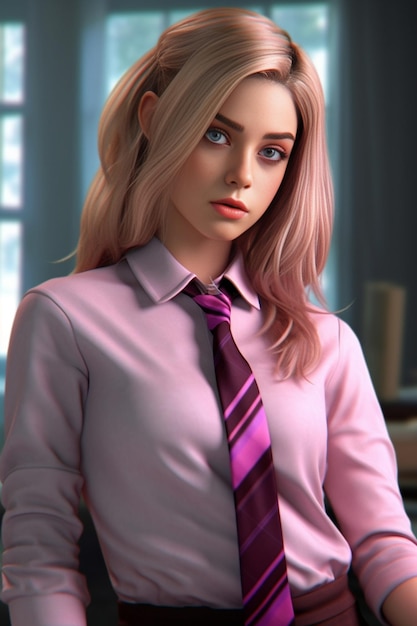 Retrato de una linda colegiala rubia con cola en uniforme escolar sosteniendo un bouqu rosa IA generativa