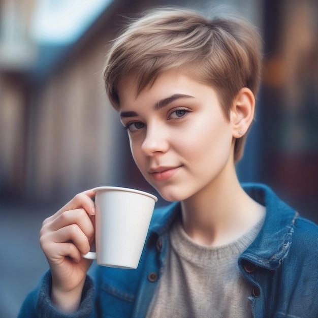 Retrato de una linda y hermosa joven con corte de pelo corto y ropa de chico a la moda bebiendo una taza de c