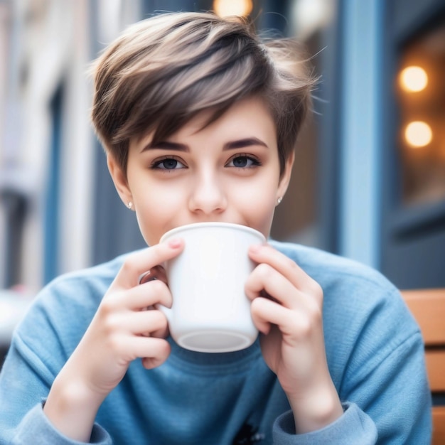 Retrato de una linda y hermosa joven con corte de pelo corto y ropa de chico a la moda bebiendo una taza de c