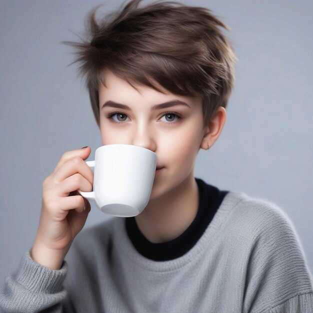 Retrato de una linda y hermosa joven con corte de pelo corto y ropa de chico a la moda bebiendo una taza de c