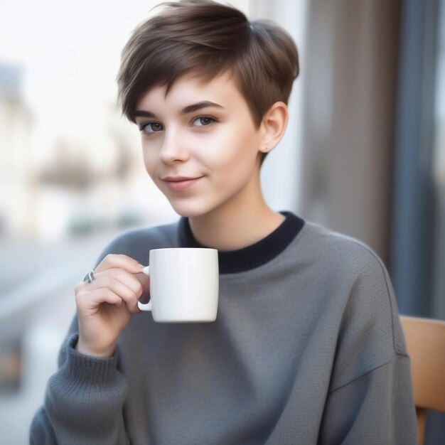 Retrato de una linda y hermosa joven con corte de pelo corto y ropa de chico a la moda bebiendo una taza de c