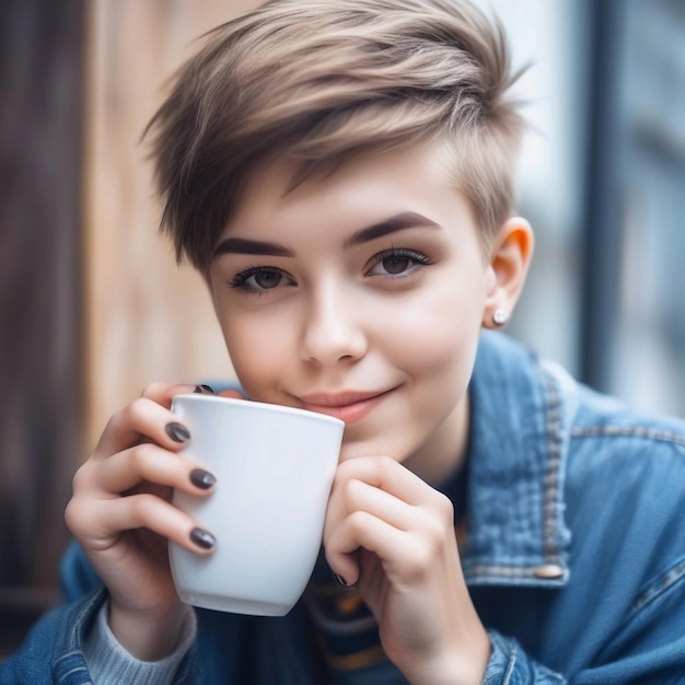 Retrato de una linda y hermosa joven con corte de pelo corto y ropa de chico a la moda bebiendo una taza de c