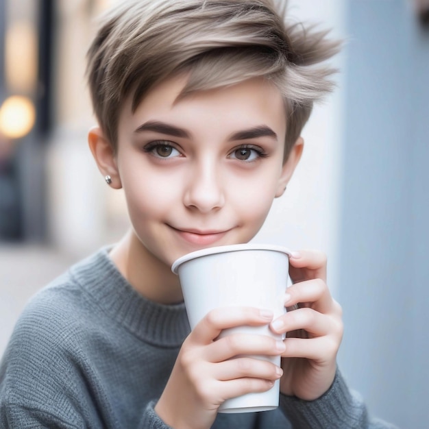 Retrato de una linda y hermosa joven con corte de pelo corto y ropa de chico a la moda bebiendo una taza de c