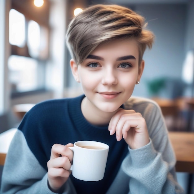 Retrato de una linda y hermosa joven con corte de pelo corto y ropa de chico a la moda bebiendo una taza de c