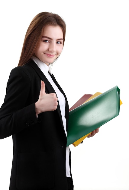 Retrato de linda joven estudiante con carpeta