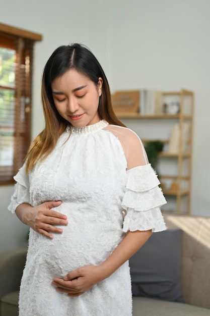 Retrato Linda mulher grávida asiática fica na sala de estar tocando sua barriga com amor