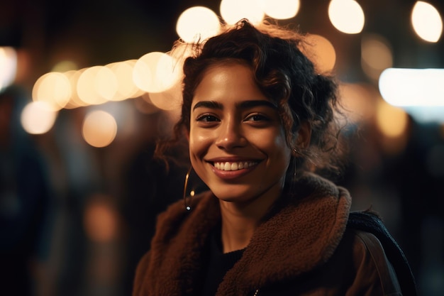 Retrato linda mulher hispânica sorrindo feliz na noite da cidade com luzes ao fundo