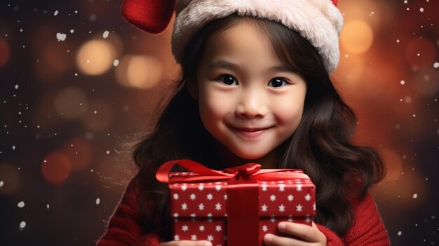 Retrato de una linda niña asiática con una caja de regalos