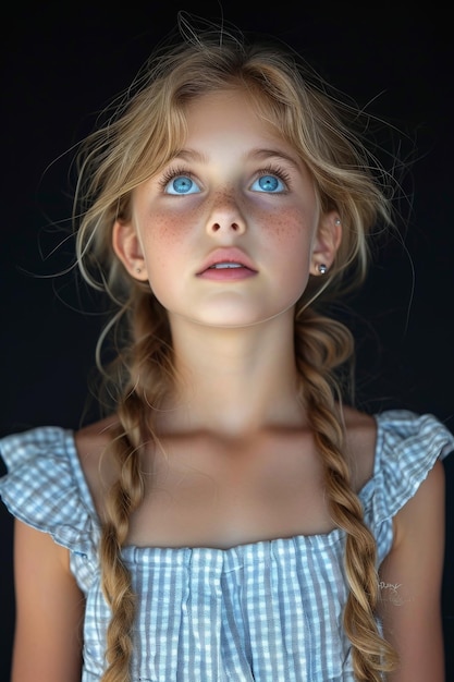 Retrato de una linda niña con cabello largo y rubio sobre un fondo claro