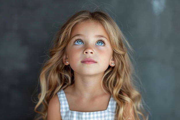 Retrato de una linda niña con cabello largo y rubio sobre un fondo claro