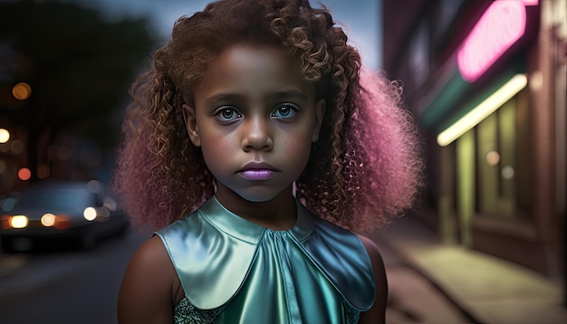 Retrato de una linda niña elegante mirando a la cámara en la calle IA generativa