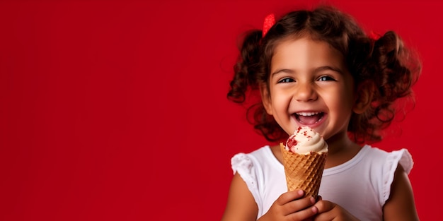 Retrato de linda niña hispana feliz comiendo helado sobre fondo rojo.