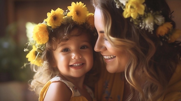 Retrato de linda niña y mamá con corona de flores sonriendo y celebrando el día de la madre