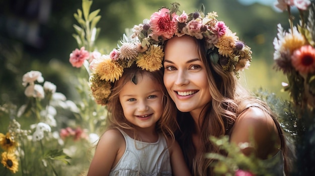 Retrato de linda niña y mamá con corona de flores sonriendo y celebrando el día de la madre