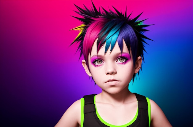 Retrato de una linda niña punk con cabello colorido en su brazo IA generativa