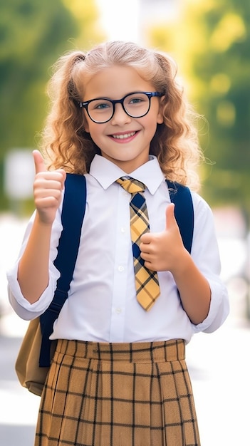 Retrato de una linda niña rubia con cola y gafas en uniforme escolar sonando Generative AI