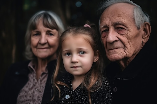 Retrato de una linda niña con sus abuelos creado con ai generativo