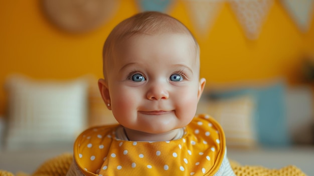 Retrato de una linda niña en un traje amarillo