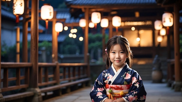 Retrato de una linda niña con un traje tradicional japonés