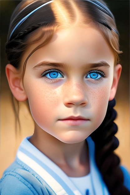 Retrato de una linda niña triste con trenzas, ojos azules y pecas, niño mirando a la cámara