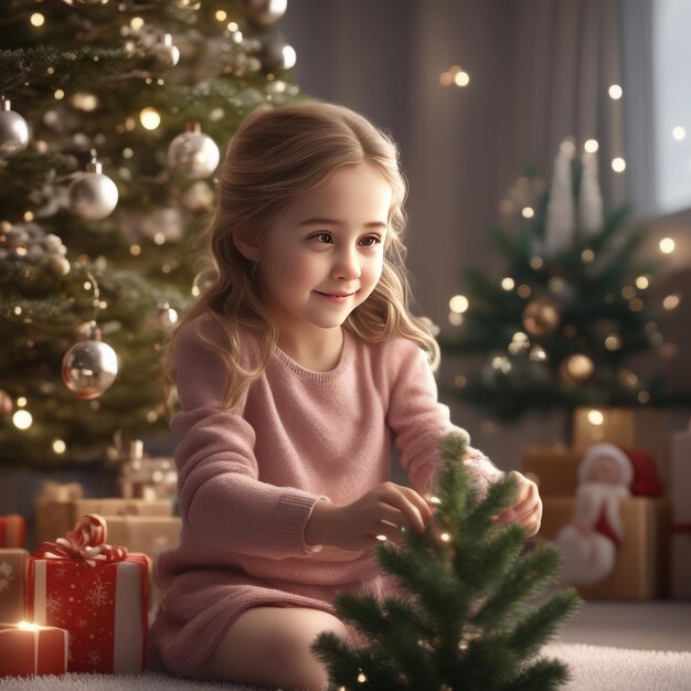 Retrato de una linda niña vestida de Papá Noel con un árbol de Navidad en la habitación de la casa