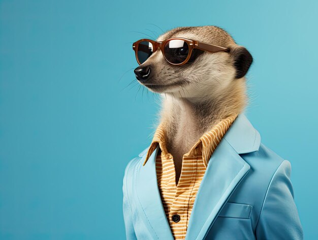 Retrato de una linda suricata posando con estilo en un vibrante traje de negocios con gafas de sol de fondo azul claro