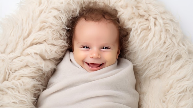 Retrato de un lindo bebé acostado en la cama Vista superior