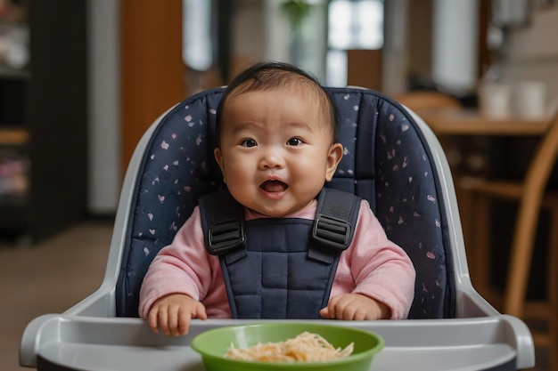 Retrato de un lindo bebé asiático sentado en una silla alta