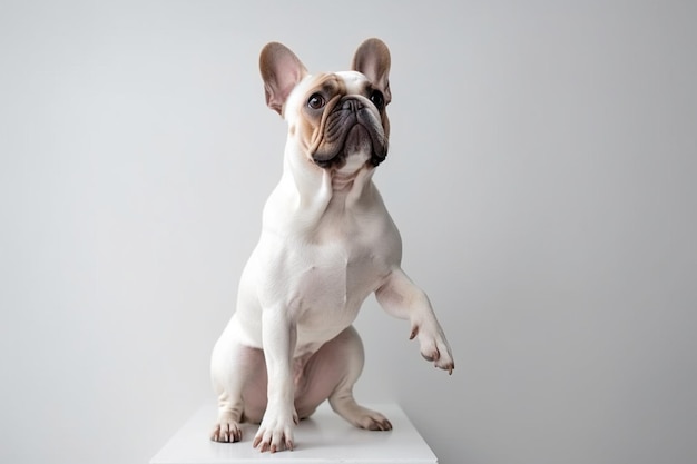 Retrato de lindo bulldog francés posando de pie sobre las patas traseras aislado sobre la pared blanca