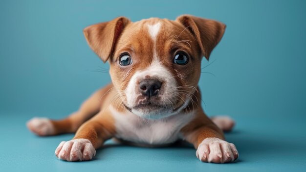 Retrato de un lindo cachorro rojo con ojos azules sobre un fondo azul