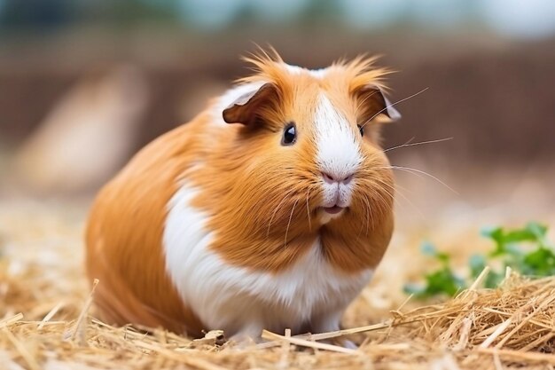 Retrato de un lindo conejillo de Indias rojo feliz en el heno Foto de cerca