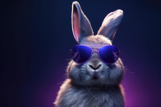 Retrato de un lindo conejito con gafas de sol sobre un fondo púrpura