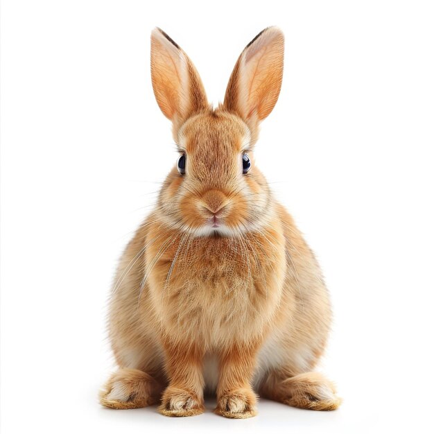 Foto retrato de un lindo conejo marrón sentado sobre un fondo blanco