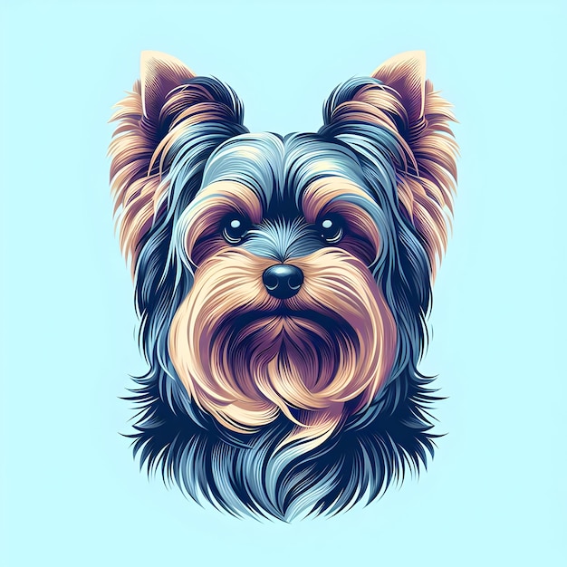 Foto retrato de un lindo y estilizado yorkshire terrier aislado sobre un fondo azul