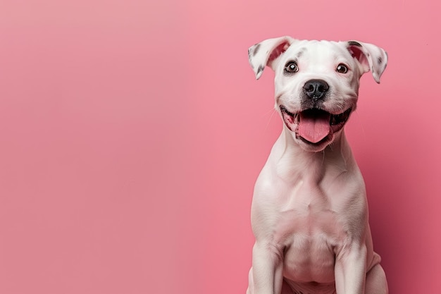 retrato de un lindo y feliz Pitbull blanco sobre un fondo rosado