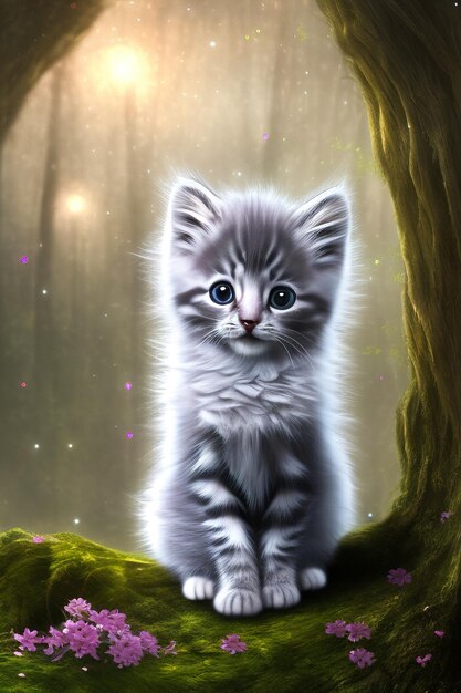 Retrato de un lindo gatito gris sentado en un bosque mágico