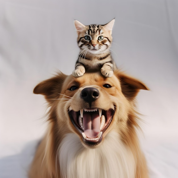 Retrato de un lindo gato en el adorable perro mascota Concepto de feliz día nacional de las mascotas