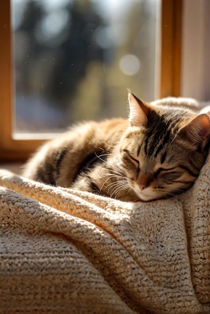 Retrato de un lindo gato durmiendo a la luz del sol en una manta Closeup de la cara de un gato durmiente
