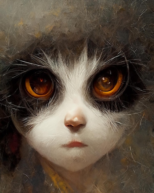 Retrato de un lindo gato esponjoso con grandes ojos amarillos mirando a la cámara Ilustración de fantasía de arte hiperrealista