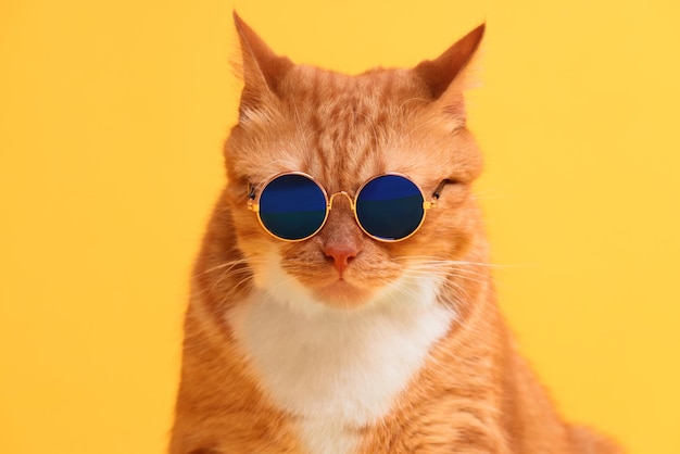 Retrato de un lindo gato rojo con elegantes gafas de sol sobre un fondo amarillo
