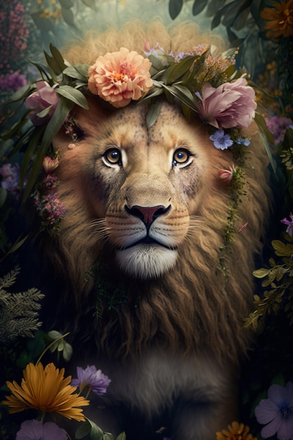 Retrato de un lindo león joven con flores en la cabeza sentado en medio de la jungla Generativo ai
