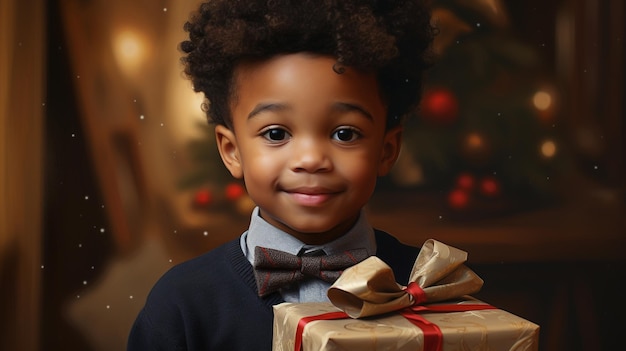 Retrato de un lindo niño negro con una caja de regalos