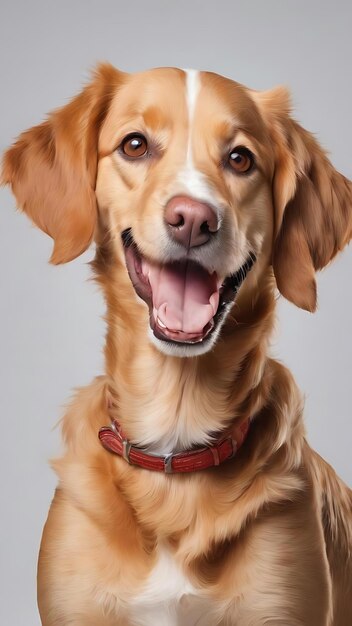 Retrato de un lindo perro alegre con la lengua sobresaliendo posando aislado sobre el fondo blanco del estudio