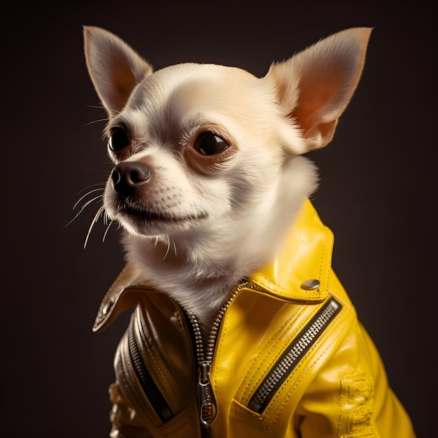 Retrato de un lindo perro chihuahua con chaqueta AMARILLA