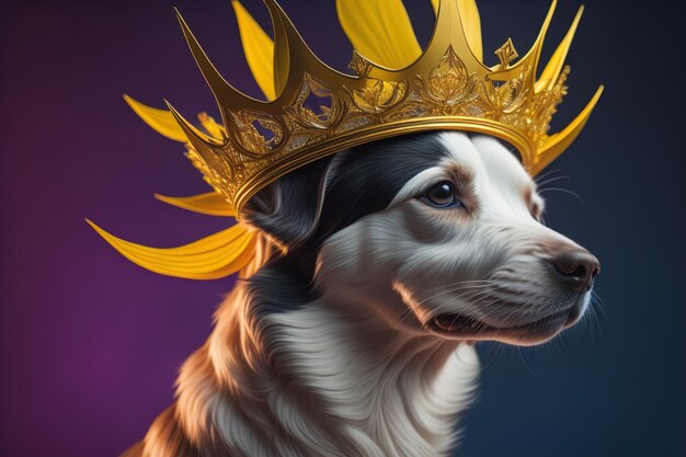 Foto retrato de un lindo perro con una corona dorada en un fondo de color sólido