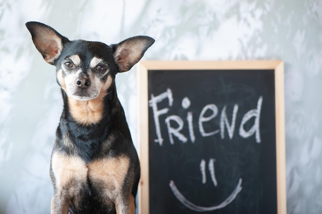 Retrato de un lindo perro en el fondo un cartel con la inscripción amigo