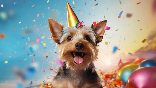 Retrato de un lindo perro con un gorro de fiesta para la celebración de cumpleaños